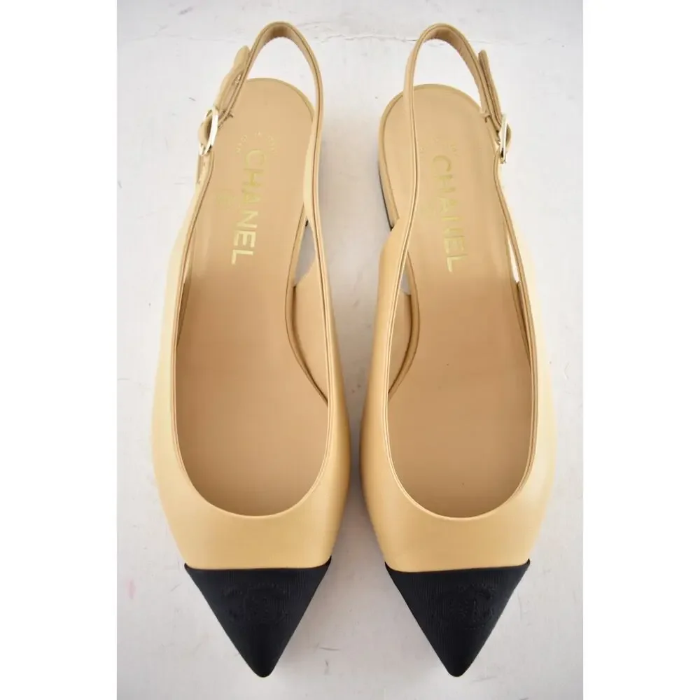 Chanel 24A Beige Leather Black CC Logo Coco Slingback Pointed Ballet Flat 38.5 - Picture 12 of 16